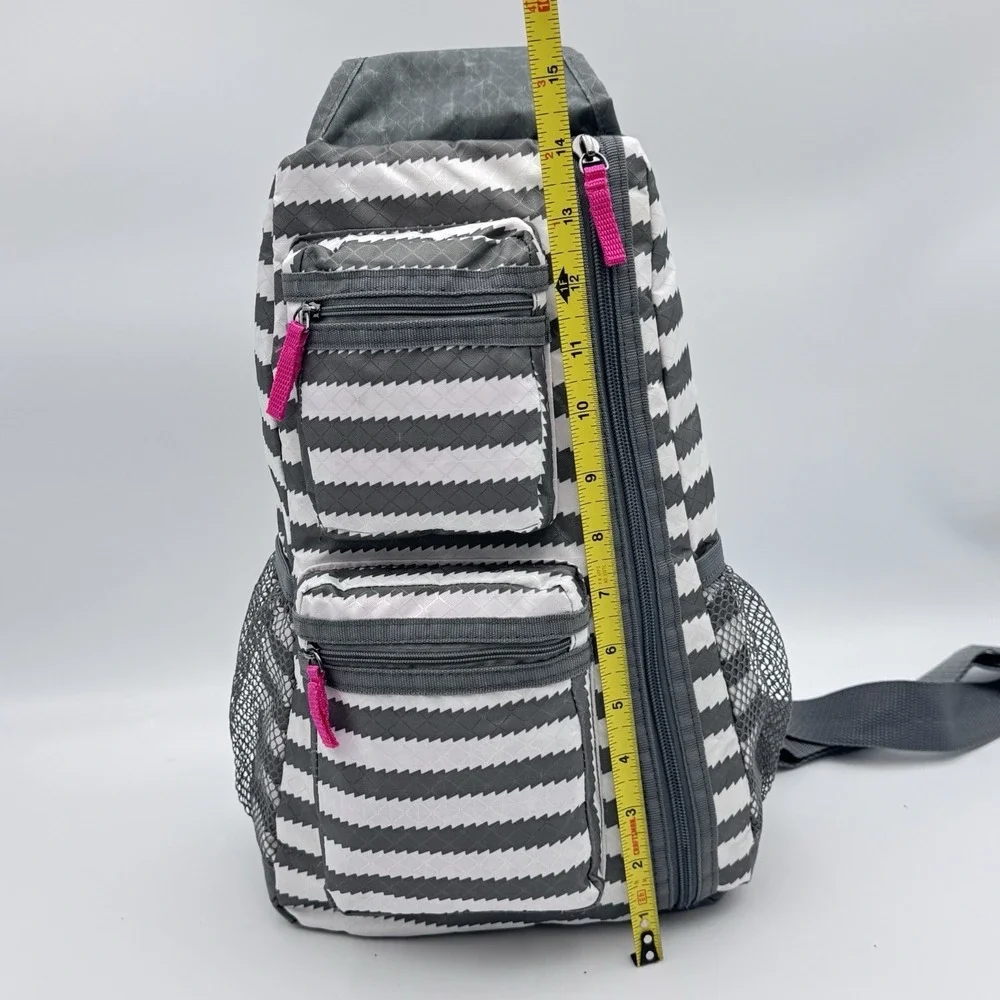 Thirty One Sling Backpack Gray White Chevron Stripe Crossbody Bag Pink Accents